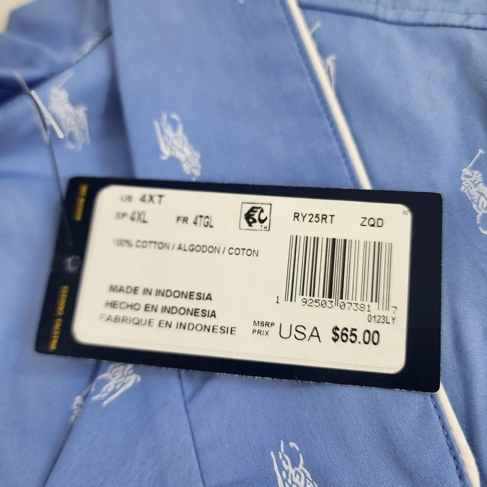 Polo Ralph Lauren Pajama Shirt Adult 4XT Blue Cotton RY25RX ZQD Pocket $65 Mens